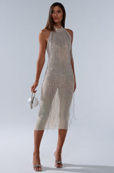 KEKE MIDI DRESS WITH RHINESTONE FRINGE