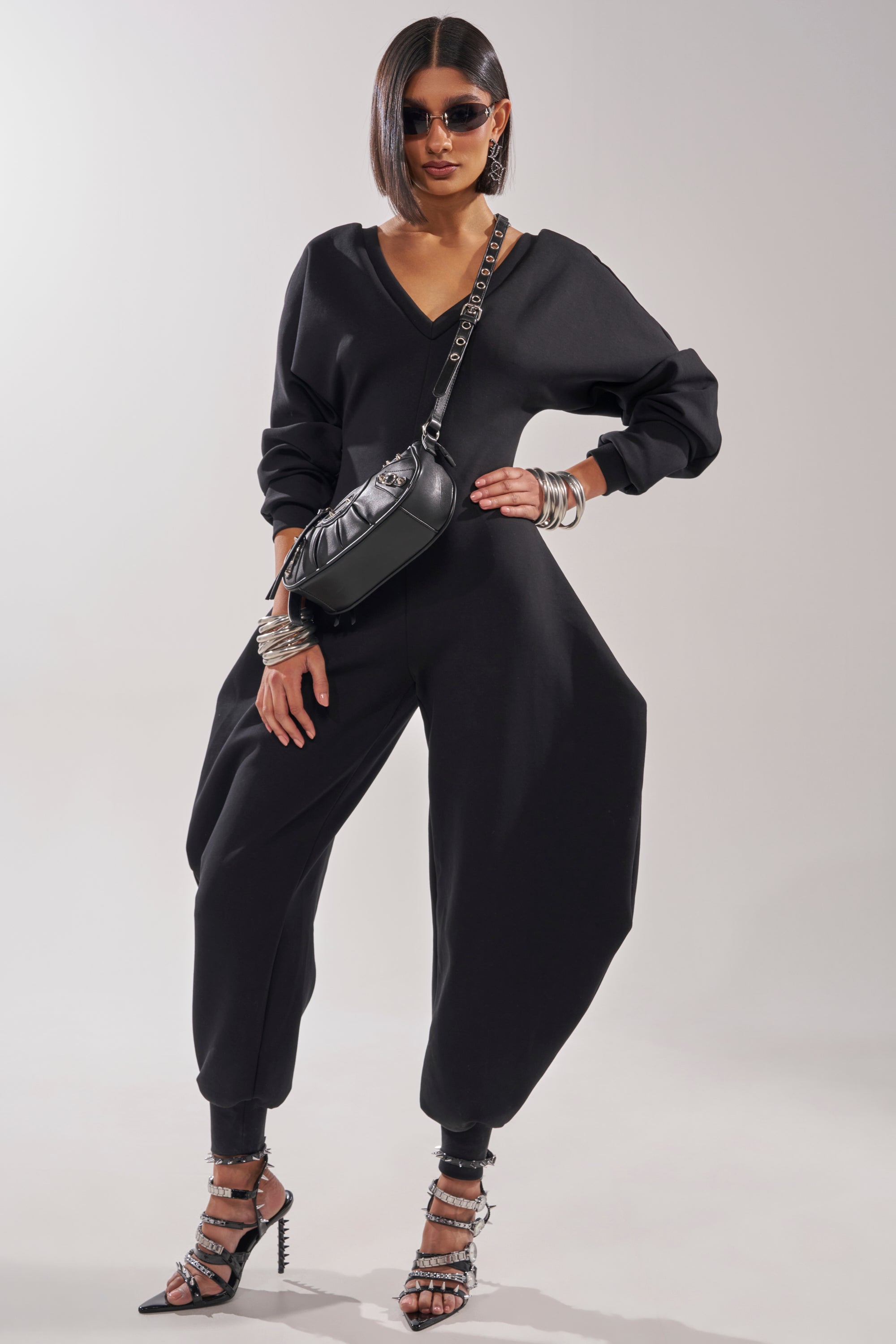 COMFY COZY SWEATSHIRT JUMPSUIT IN BLACK