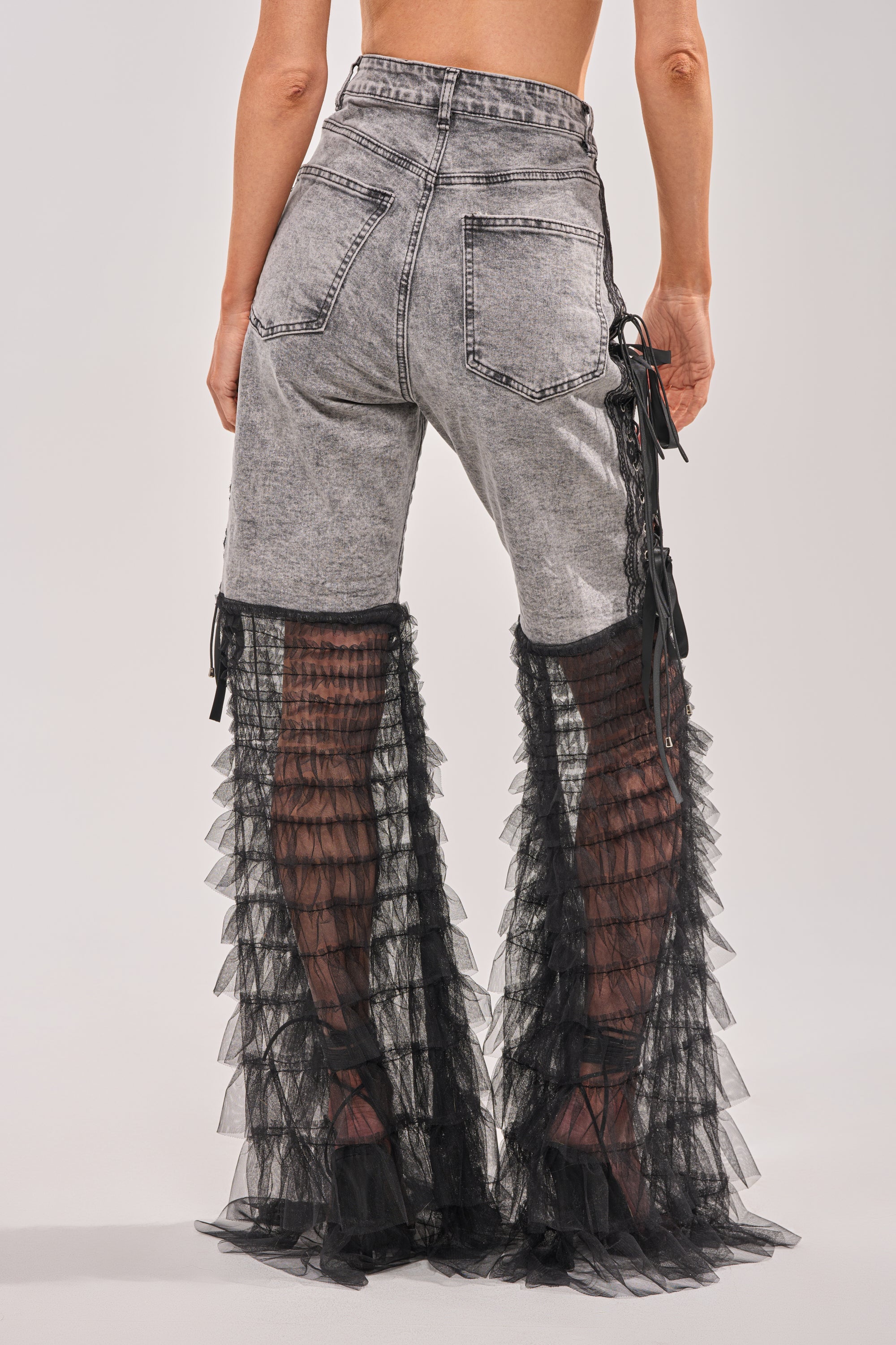 TICKED AND TIED LACE DETAIL FLARE DENIM