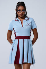 DREKE KNIT MINI DRESS IN BLUE AND BURGUNDY
