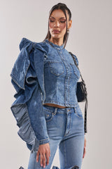 SEIZE THE DAY LONG SLEEVE FLOUNCE MEDIUM BLUE DENIM TOP