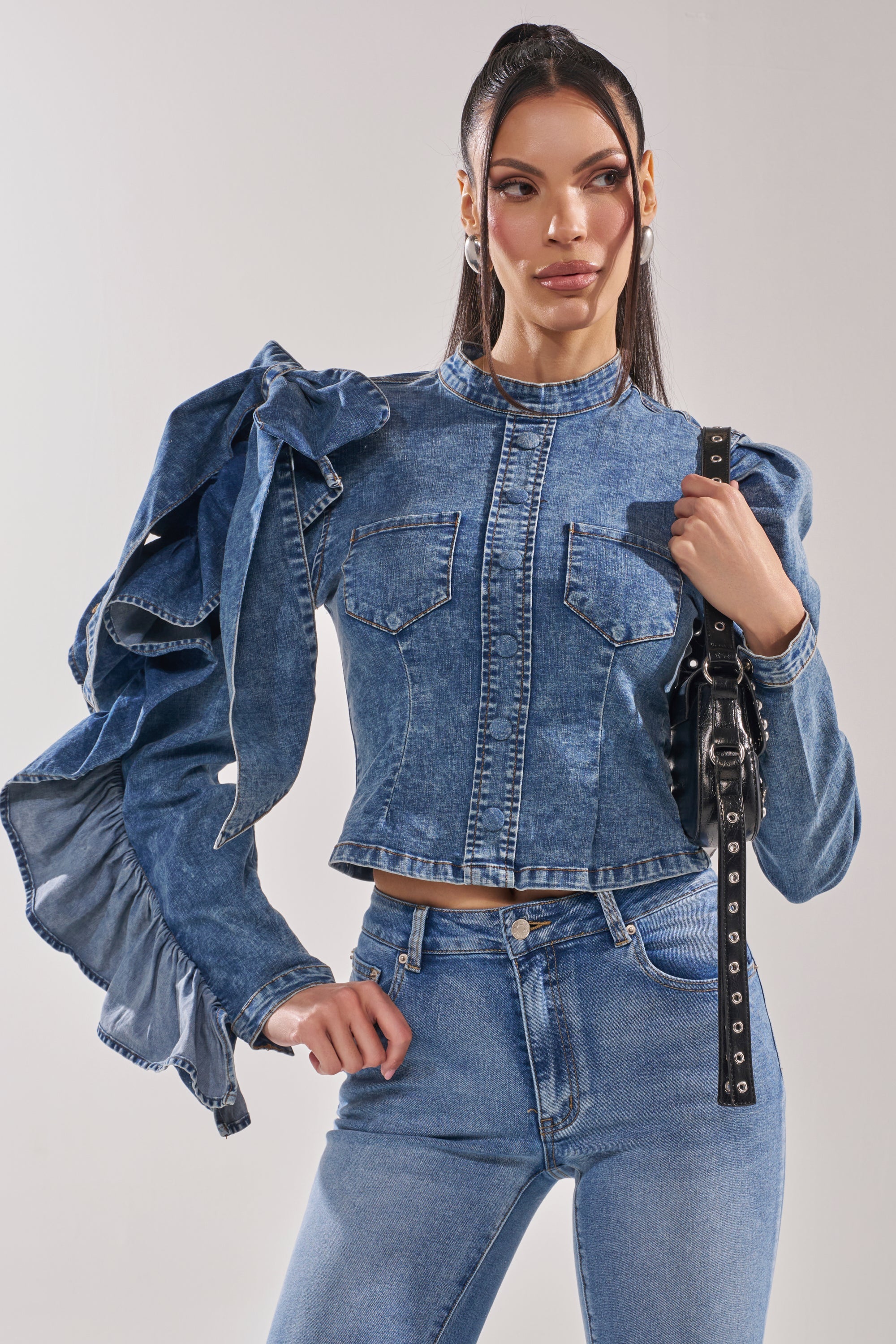SEIZE THE DAY LONG SLEEVE FLOUNCE MEDIUM BLUE DENIM TOP