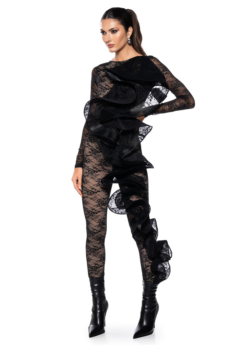 RUFFLED LACE CATSUIT