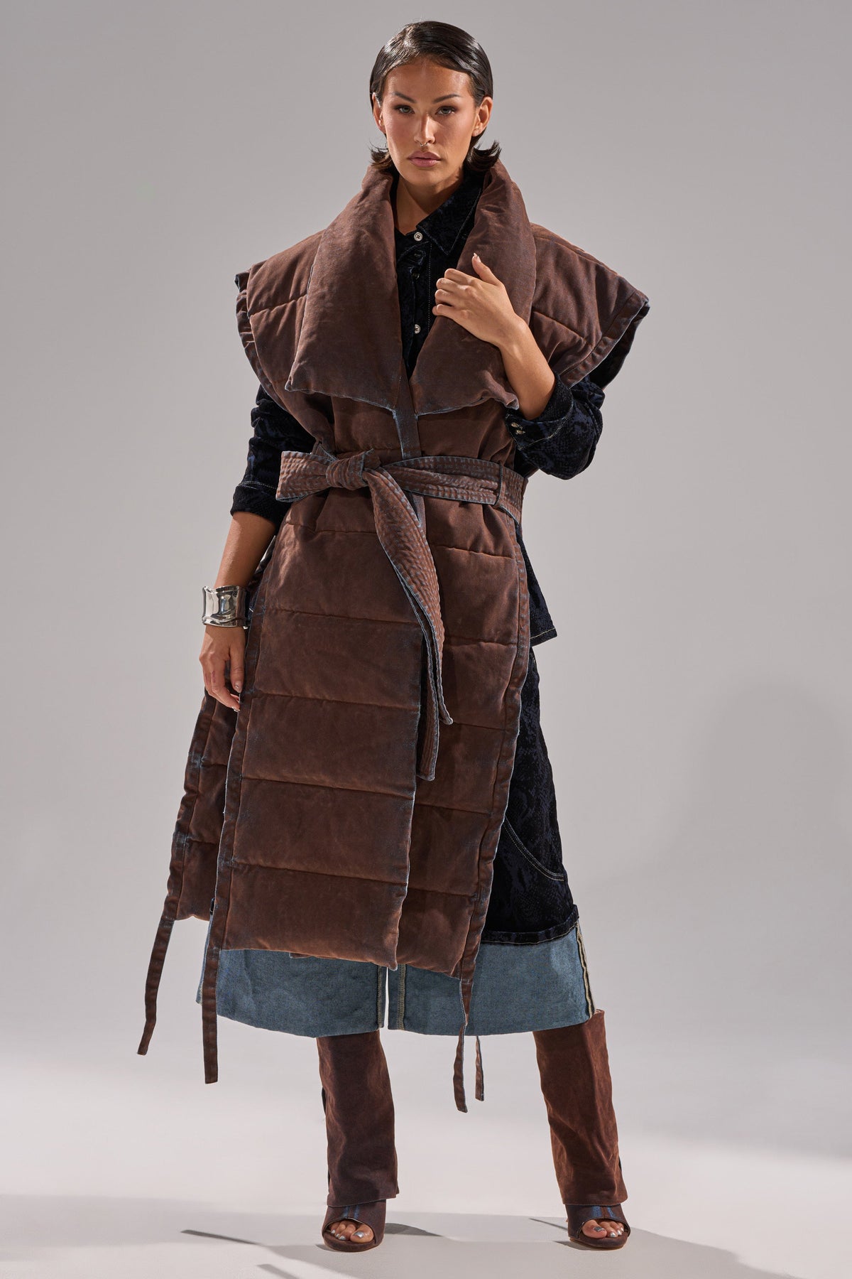 PILOT JONES LONGLINE PUFFER VEST IN VELVET DENIM