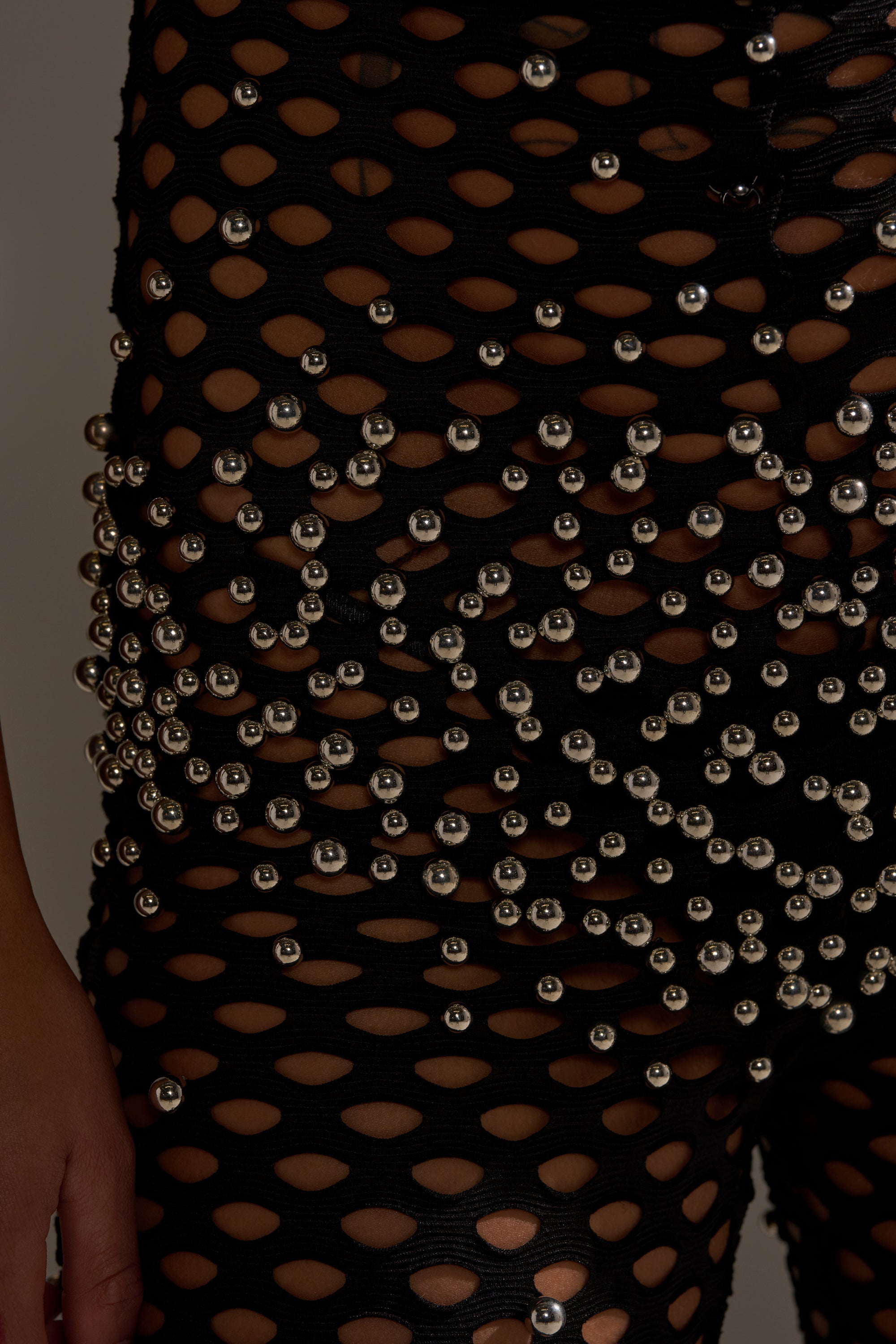 COULD NEVER BE ME BEADED MESH JUMPSUIT