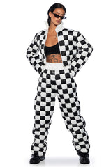 CHECK MATE WOVEN CROP BOMBER