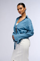 DAY TRIP BUCKLED FRONT DENIM BLOUSE