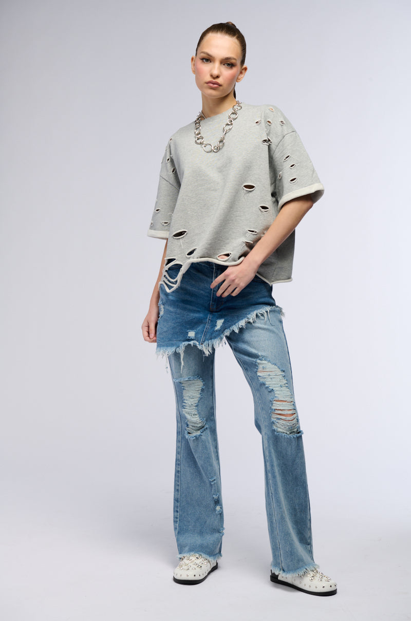DISTRESSED SKIRT STRAIGHT LEG DENIM JEANS