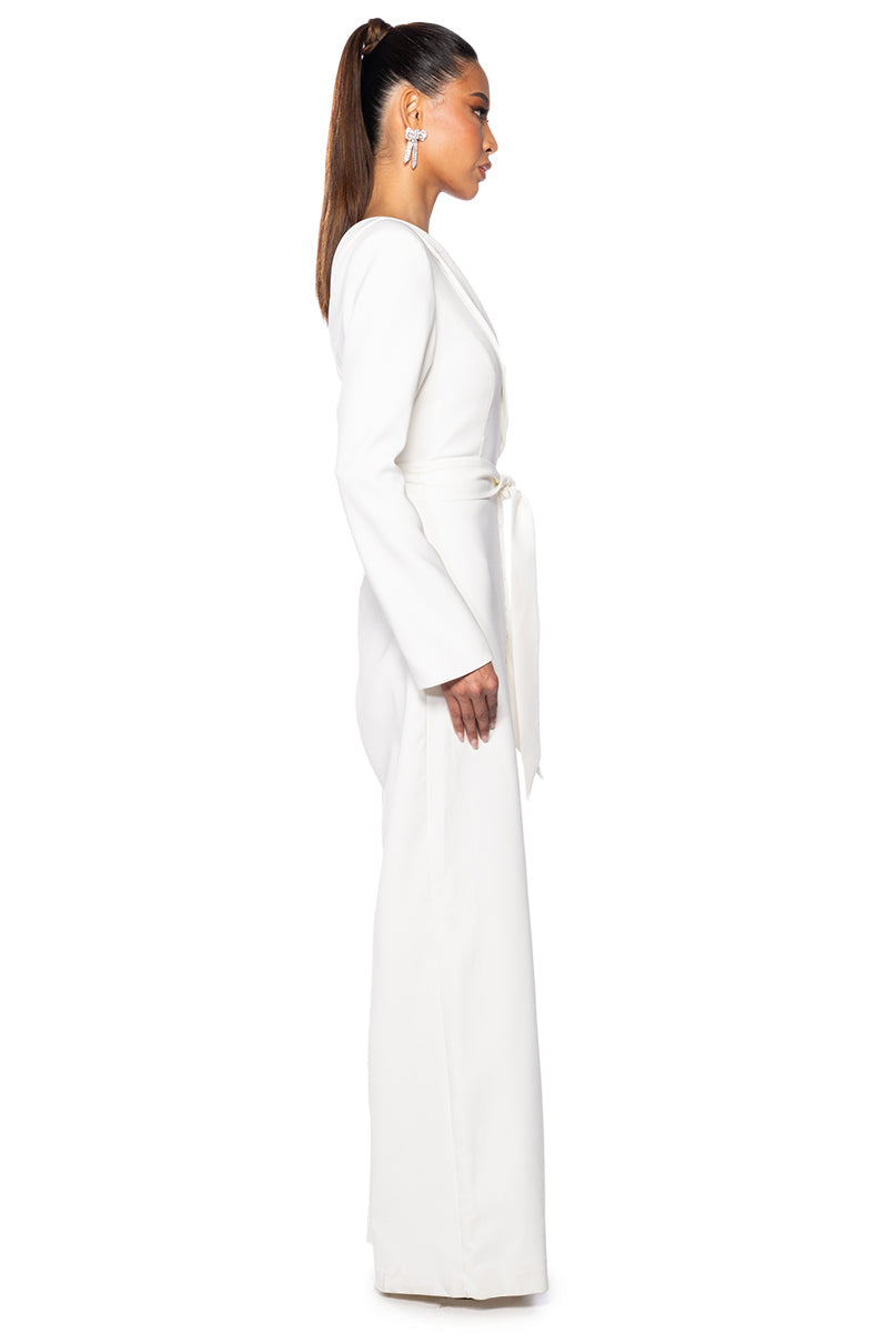 FLORA SEQUIN ONE SLEEVE JUMPSUIT IN WHITE