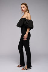 IM SPEAKING OFF THE SHOULDER JUMPSUIT IN BLACK