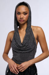 IN THE NAME OF LOVE HOODED RHINESTONE TOP IN BLACK