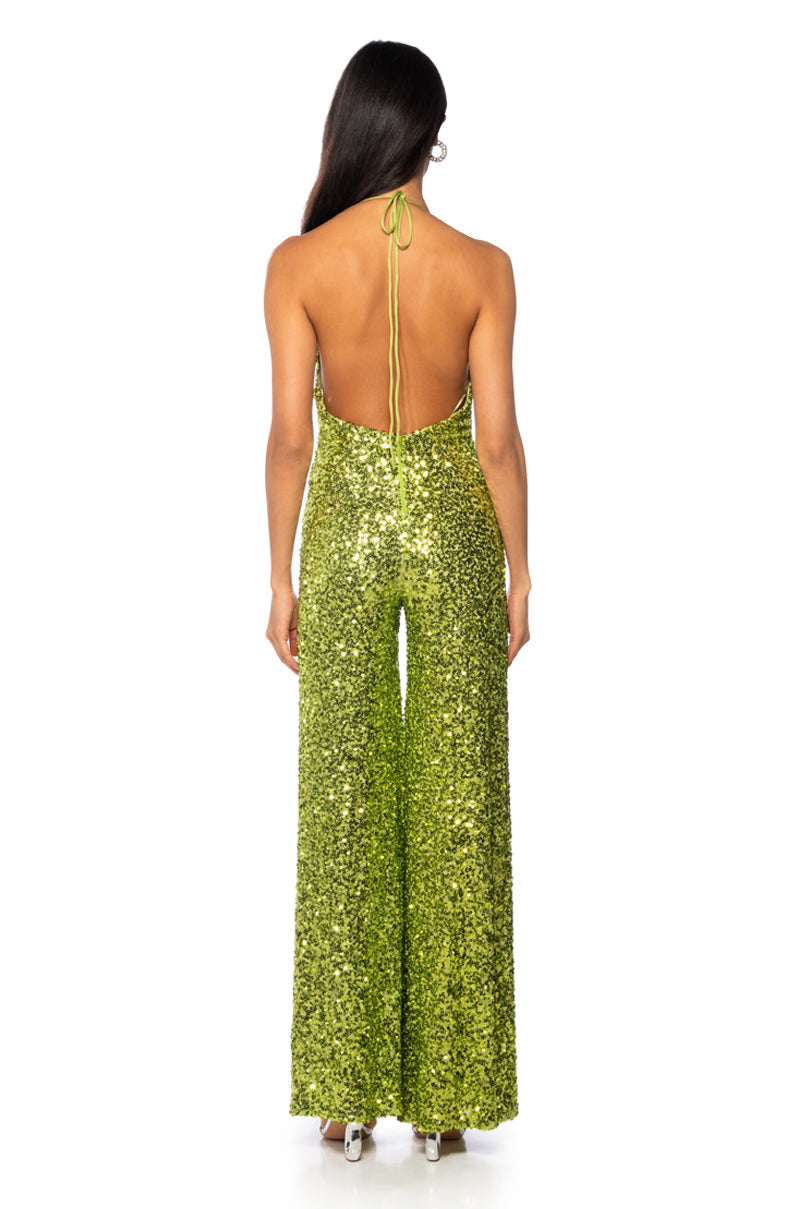 JODIE SCOOP NECK SEQUIN JUMPSUIT IN LIME