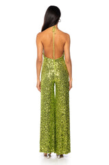 JODIE SCOOP NECK SEQUIN JUMPSUIT IN LIME