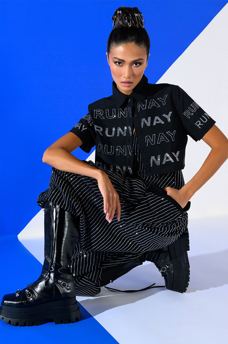 LONDON RHINESTONE STRIPE RELAXED FIT HALTER NECK JUMPSUIT