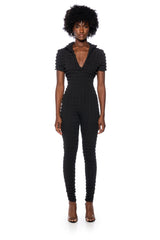 MAKE ME BELIEVE TEXTURED SHORT SLEEVE JUMPSUIT IN BLACK
