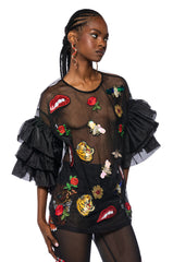 OH WOW RUFFLED SLEEVE PATCH DETAIL OVERSIZED SHIRT