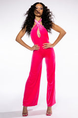 ON ME CROSS NECK VELVET FLARED JUMPSUIT