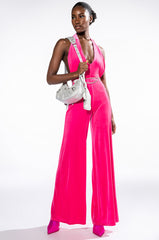 ON ME CROSS NECK VELVET FLARED JUMPSUIT