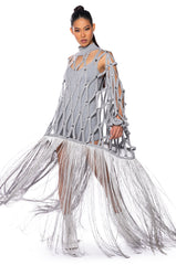 TIED UP FRINGE EMBELLISHED LONG SWEATER