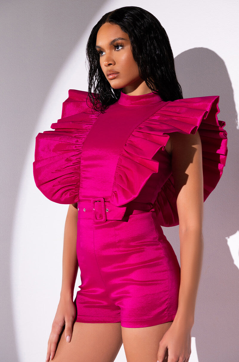 VALENTINA TAFFETA RUFFLE SLEEVE ROMPER