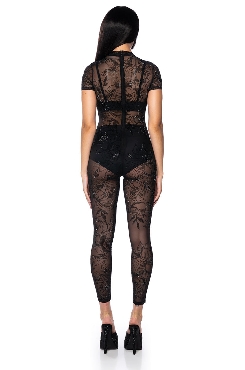 VERA SHORT SLEEVE EMBELLISHED MESH JUMPSUIT