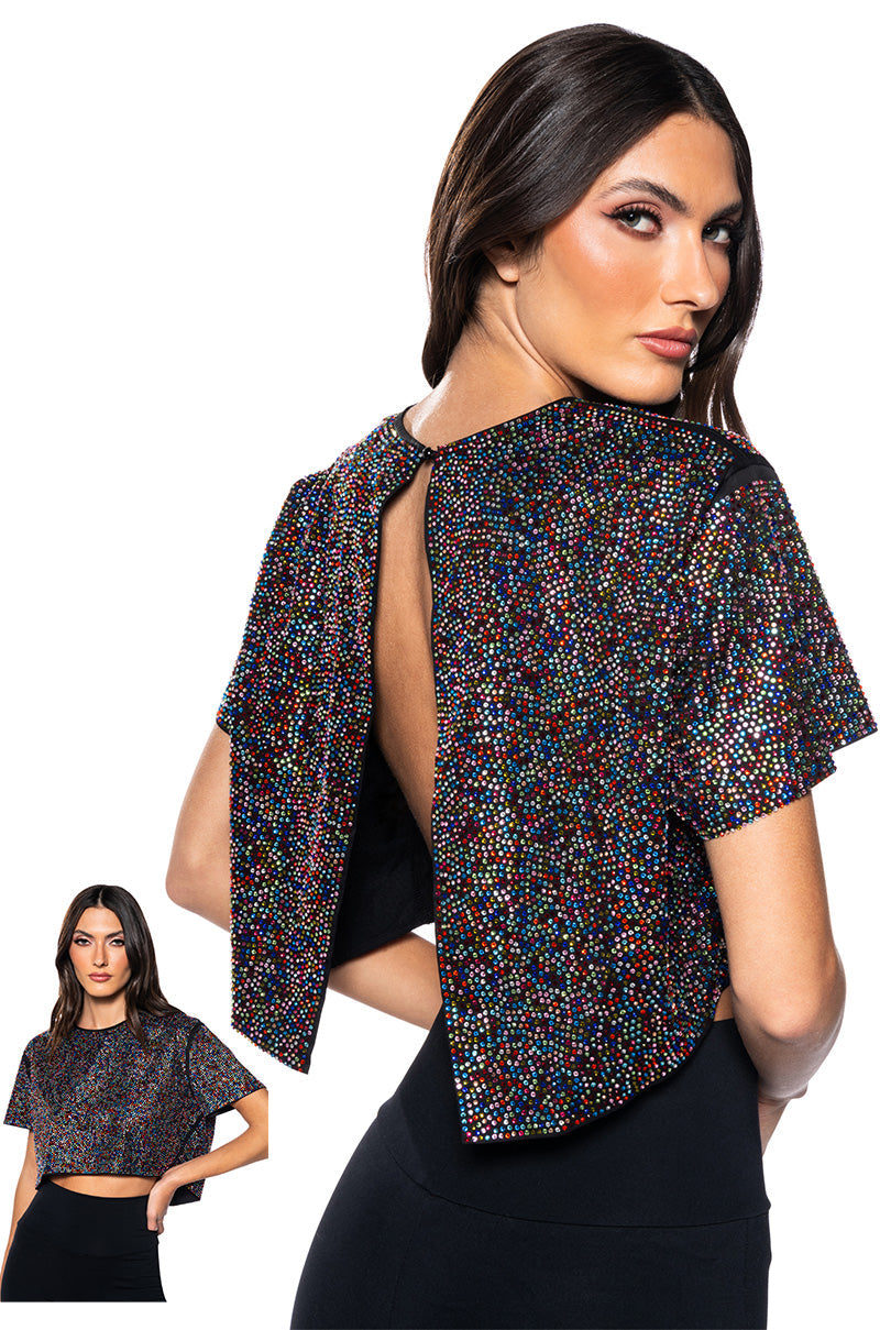 WONDERLUST RHINESTONE EMBELLISHED OPEN BACK T-SHIRT