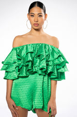 WEEKEND OFF THE SHOULDER RUFFLE ROMPER