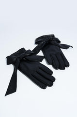 WINTOUR PLEATHER BOW ACCENT GLOVES IN BLACK