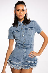 WORK IT SHORT SLEEVE DENIM ROMPER